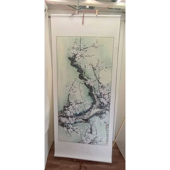 Vintage Chinese hand painted , scroll, art, decor trees, floral. Blossom. Large - Picture 2 of 11